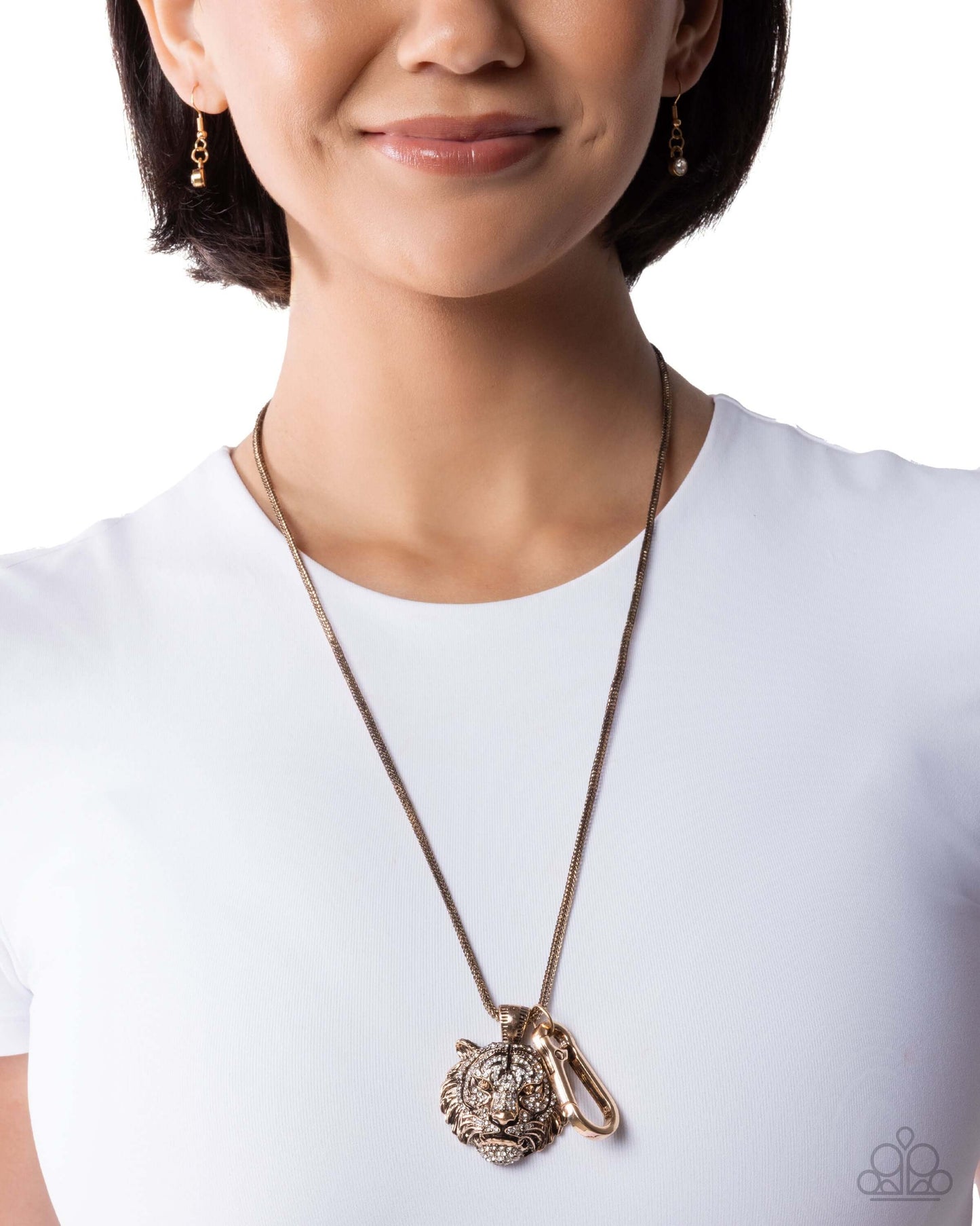 Tenacious Tiger - Gold Paparazzi Lanyard Necklace Accessories,Animal Lovers,Gold,Lanyard,Necklace,Short Necklace,White rhinestones