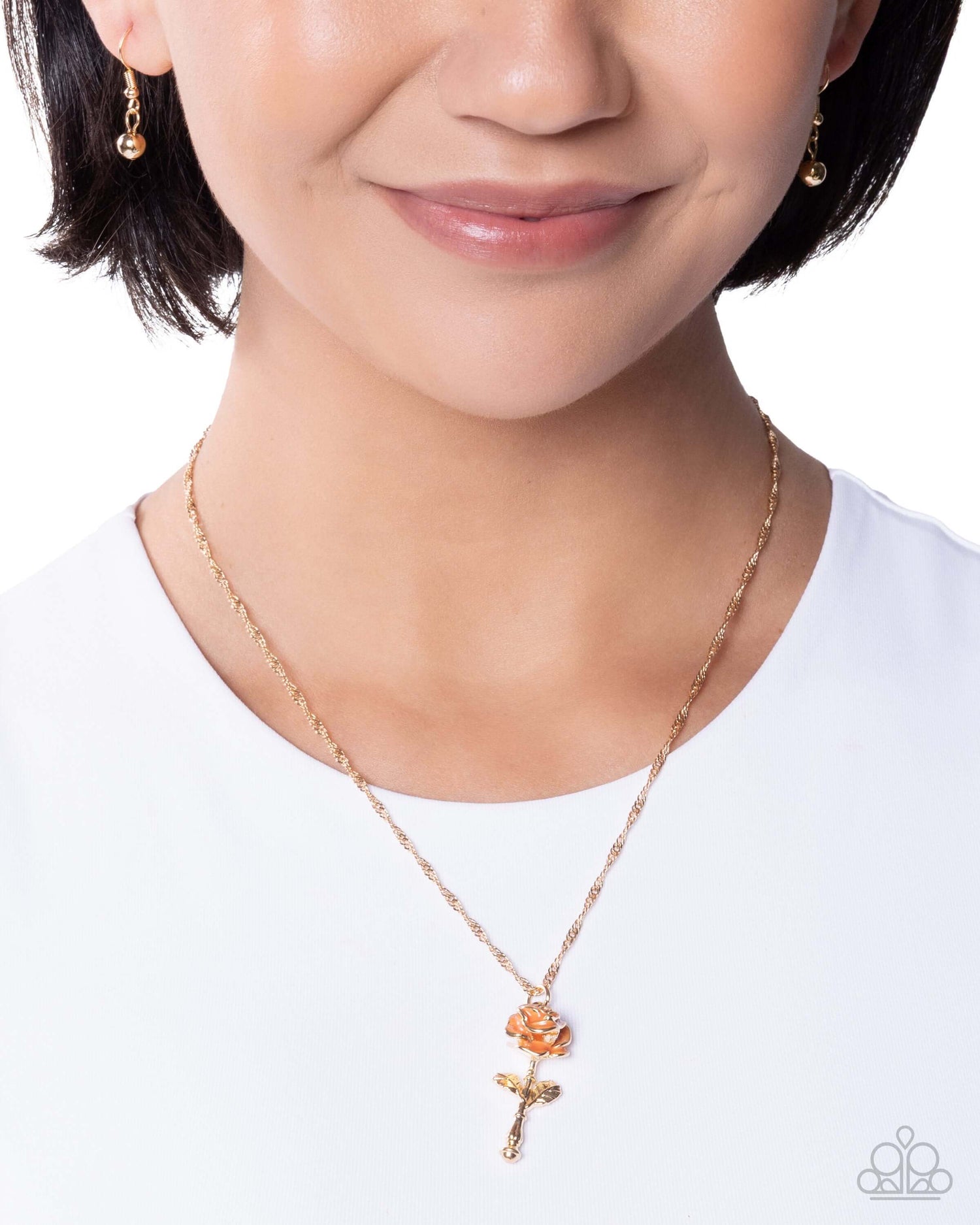 A Single Rose - Orange Paparazzi Necklace Accessories,Floral,Gold,Necklace,New Arrival,Orange,Roses,Short Necklace