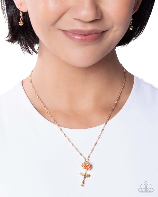 A Single Rose - Orange Paparazzi Necklace Accessories,Floral,Gold,Necklace,New Arrival,Orange,Roses,Short Necklace