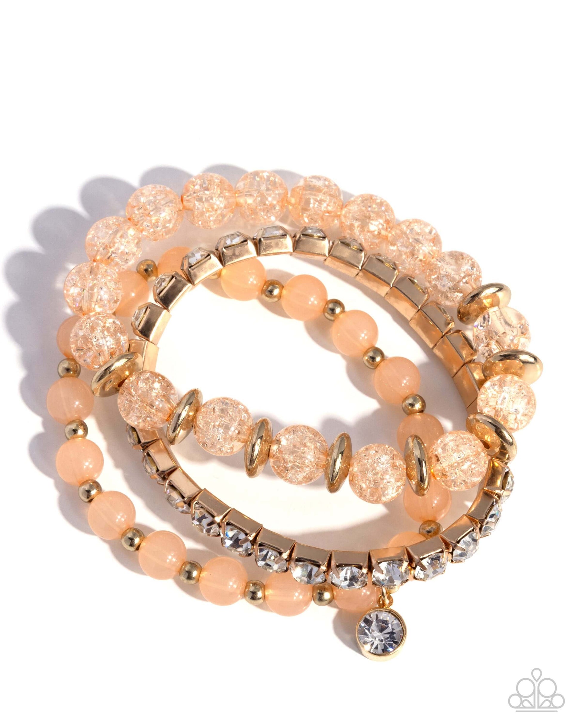 Shattered Style - Gold Paparazzi Bracelet Accessories,Bracelet,Orange,Peach,Stretchy,White rhinestones