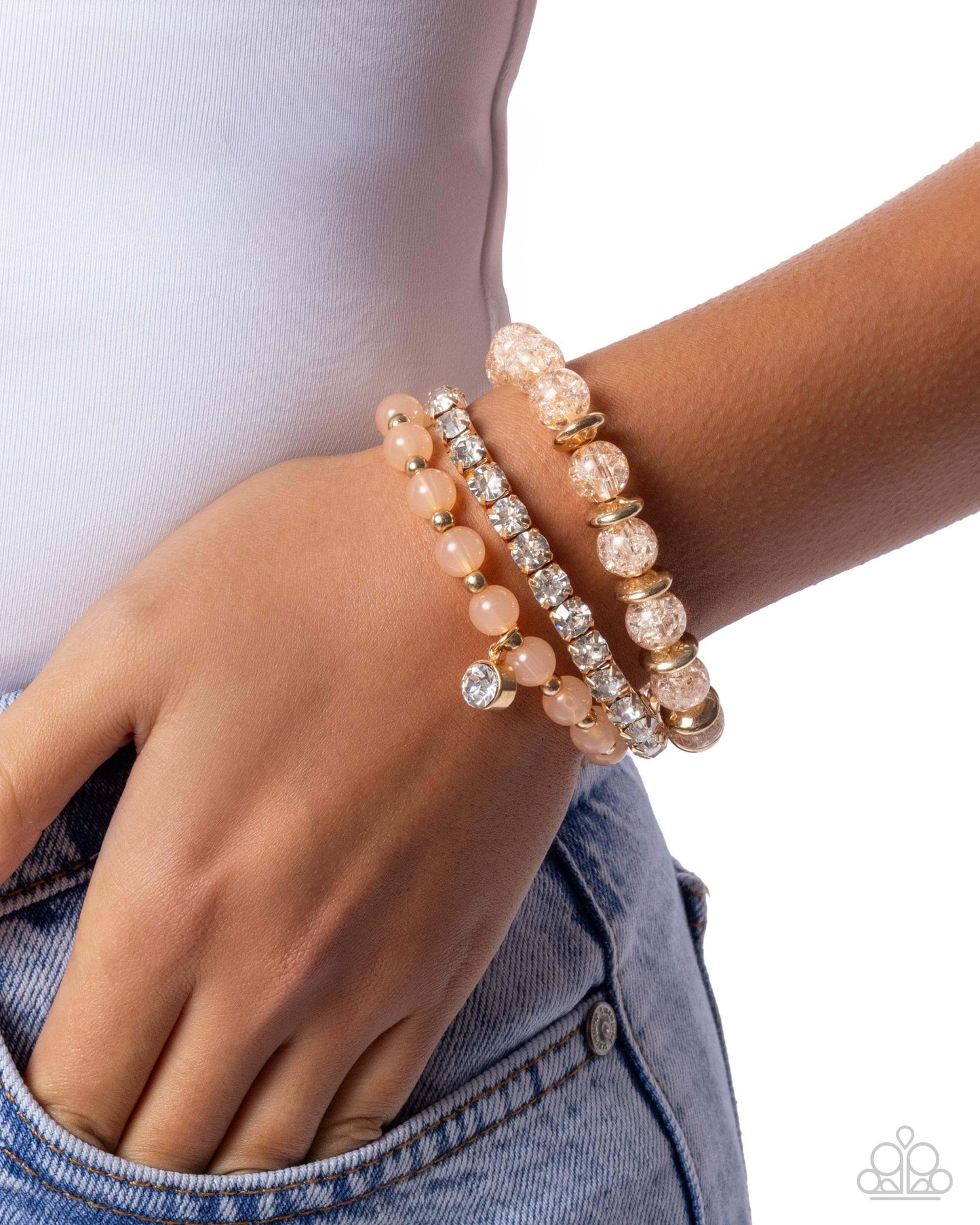 Shattered Style - Gold Paparazzi Bracelet Accessories,Bracelet,Orange,Peach,Stretchy,White rhinestones