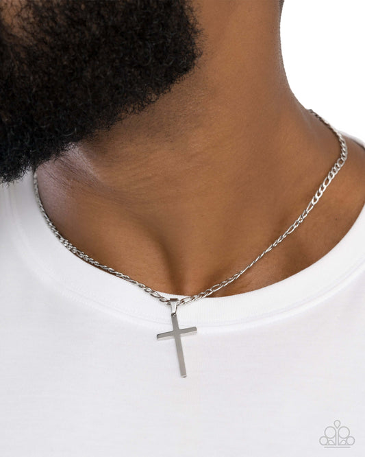 Ethereal Element - Silver Paparazzi Mens Cross Necklace Accessories,Cross,Faith,Mens Accessories,Necklace,Short Necklace,Silver