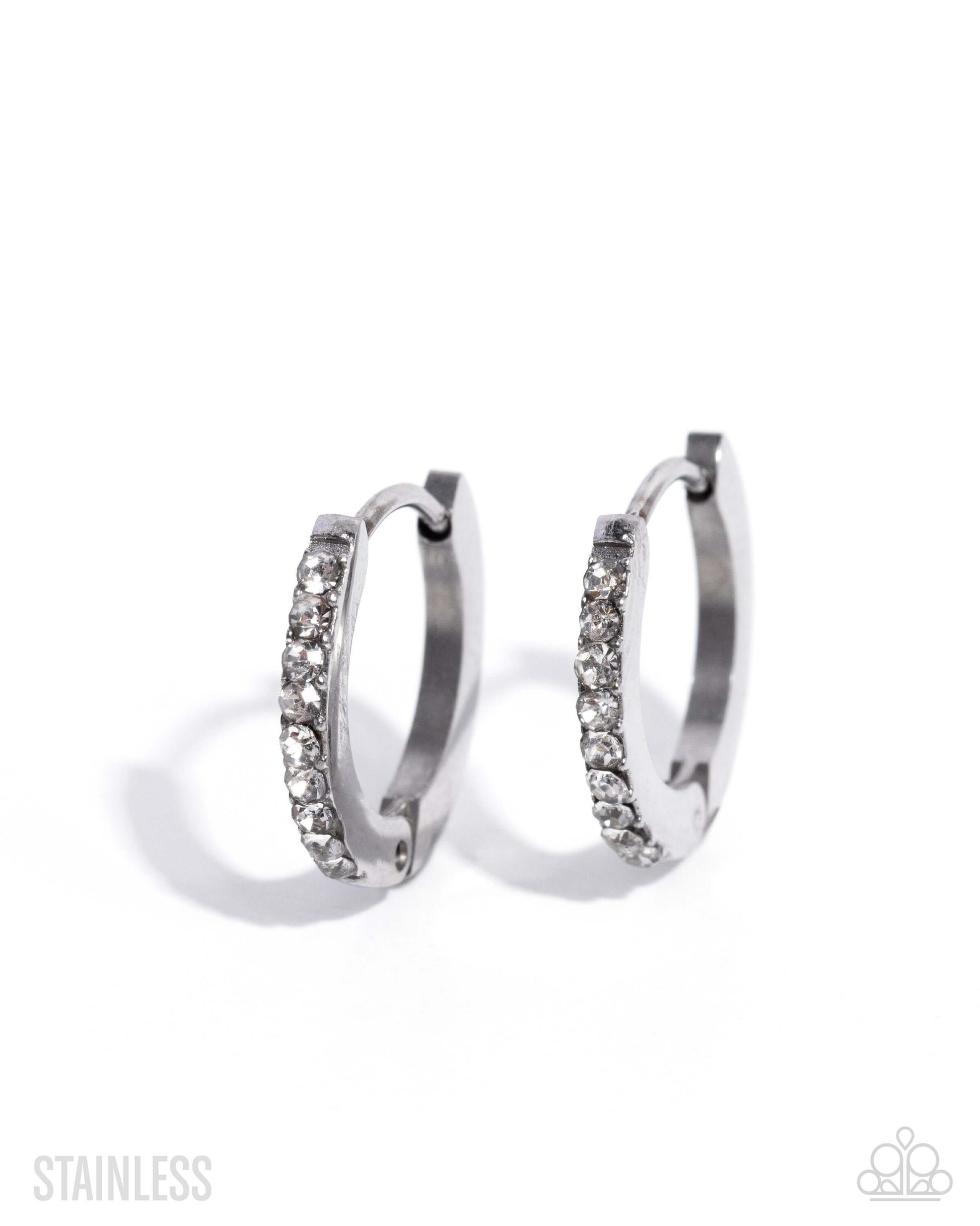 Fixed Flair - White Stainless Steel Paparazzi Earrings Accessories,earrings,Hoops,New Arrival,Silver,Stainless Steel,Tiny Hoops,White rhinestones