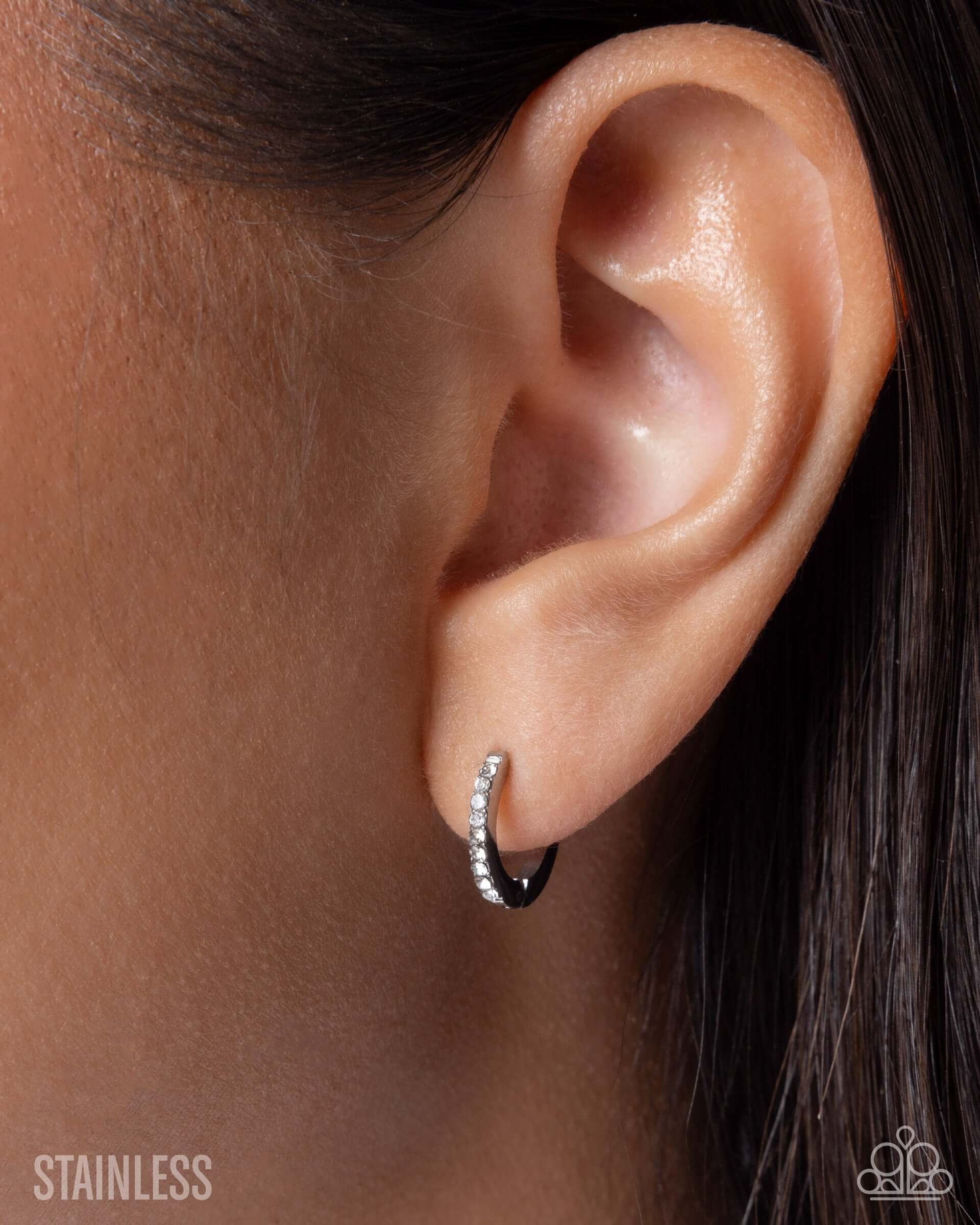 Fixed Flair - White Stainless Steel Paparazzi Earrings Accessories,earrings,Hoops,New Arrival,Silver,Stainless Steel,Tiny Hoops,White rhinestones