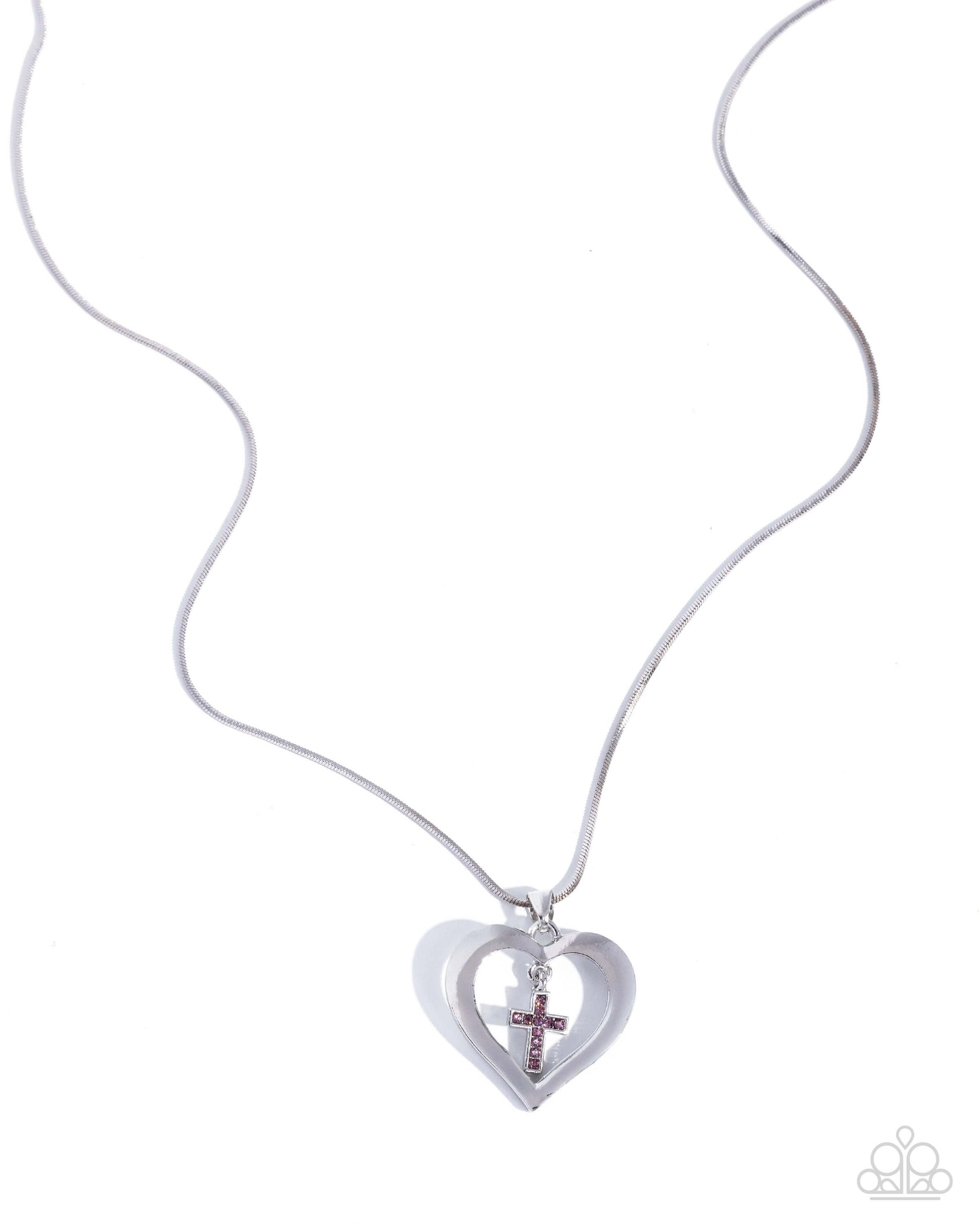Heavenly Honor - Purple Amethyst Cross Heart Necklace with silver heart frame and cross charm.