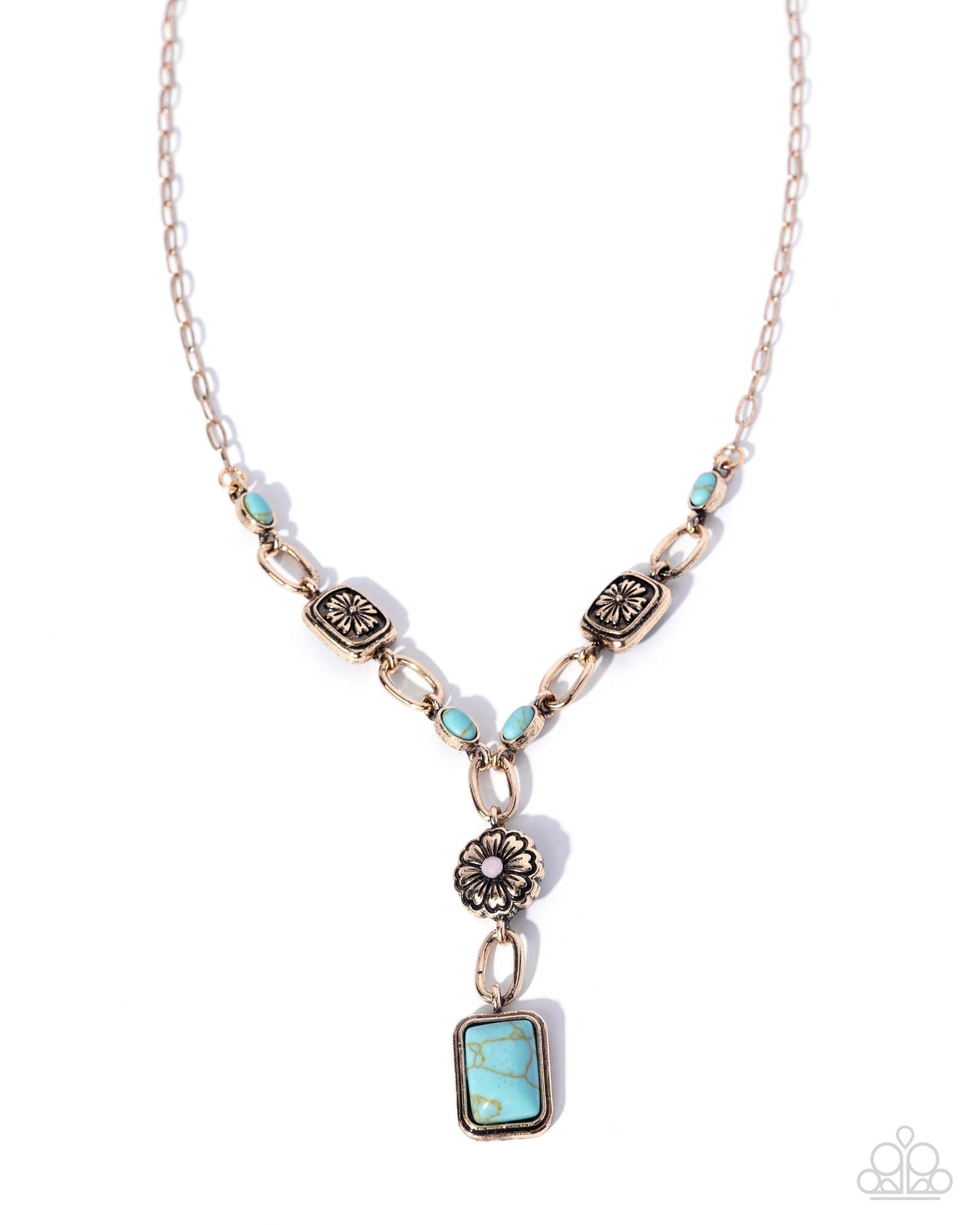 Rustic Relaxation - Gold Paparazzi Necklace featuring turquoise stones and antiqued gold pendants.