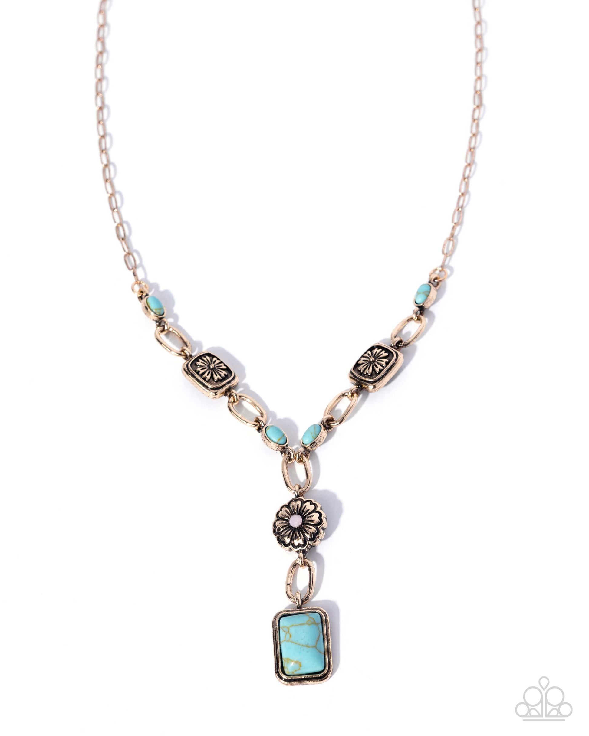 Rustic Relaxation - Gold Paparazzi Necklace featuring turquoise stones and antiqued gold pendants.