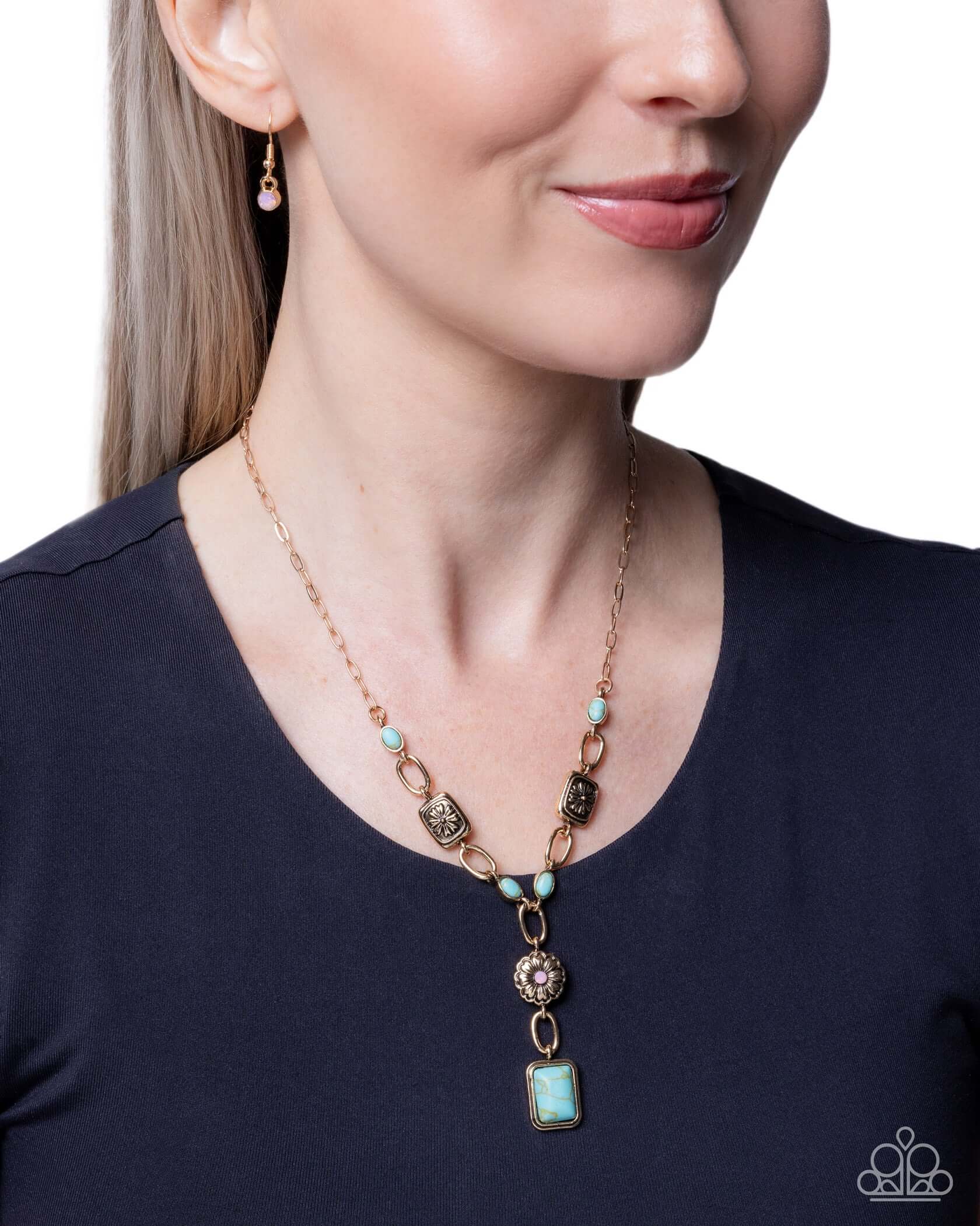 Rustic Relaxation - Gold Paparazzi Necklace featuring turquoise stones and antiqued gold floral pendants.