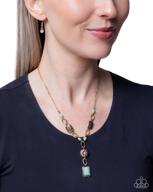 Rustic Relaxation - Gold Paparazzi Necklace featuring turquoise stones and antiqued gold floral pendants.