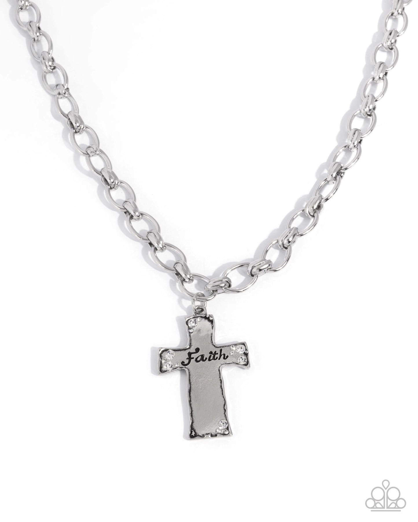 Faithful Flair - White Paparazzi Cross Necklace featuring a silver cross pendant with "faith" inscription.