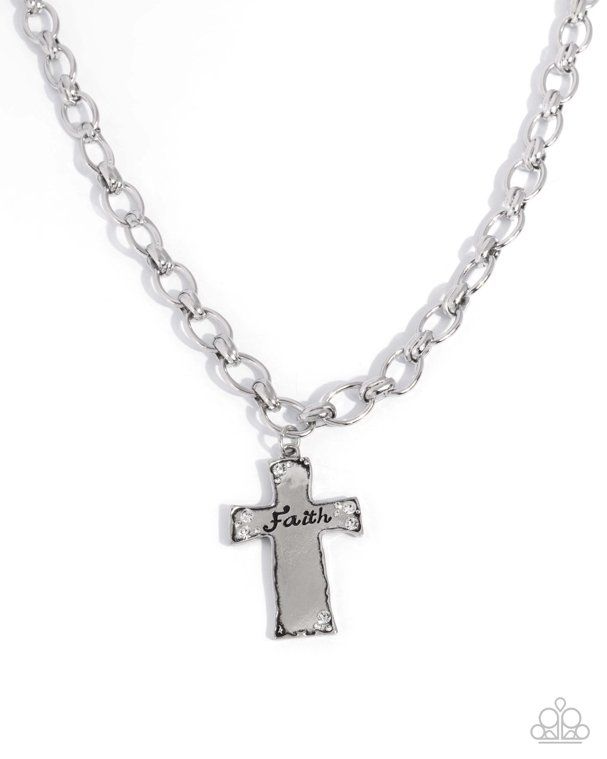 Faithful Flair - White Paparazzi Cross Necklace featuring a silver cross pendant with "faith" inscription.