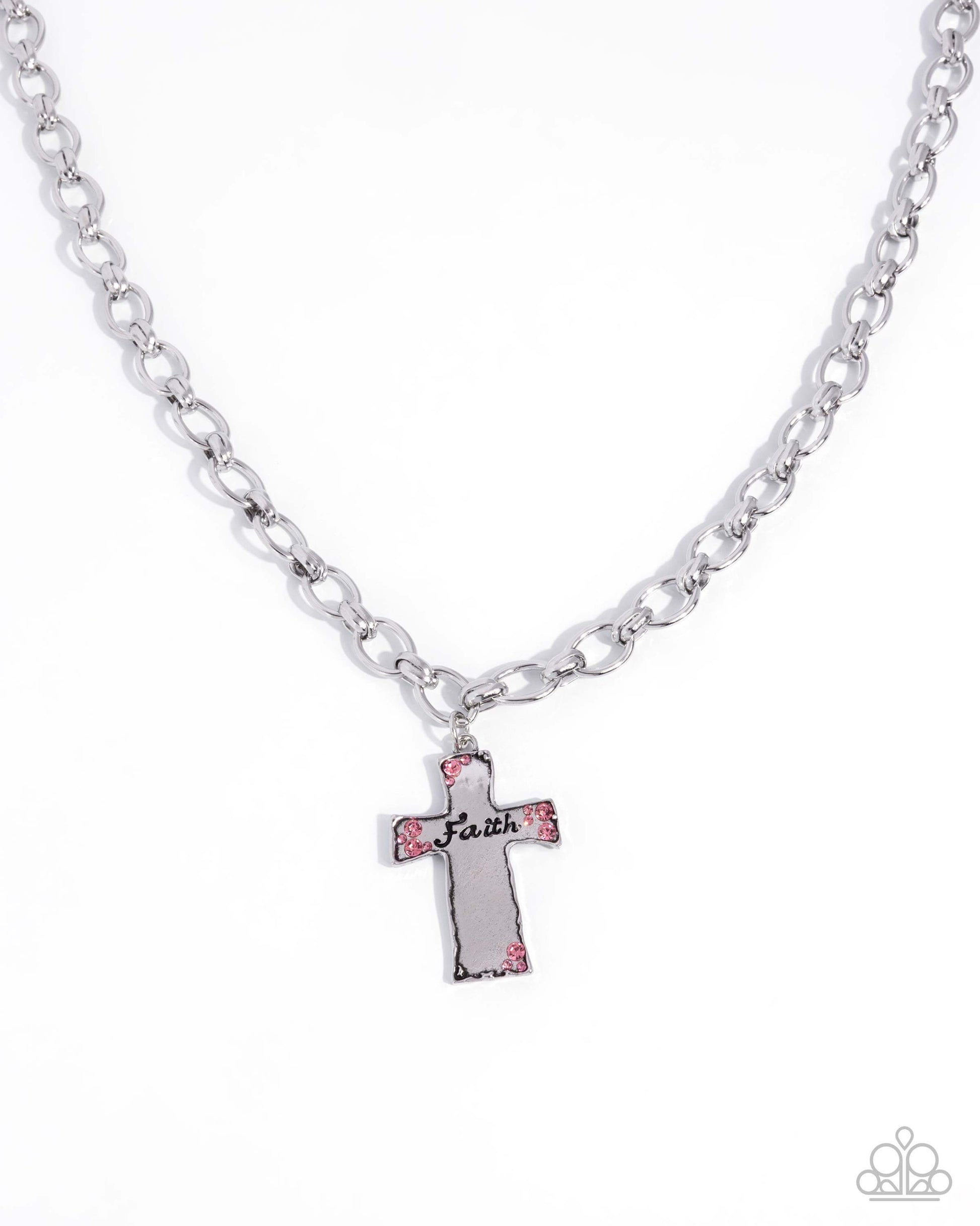 Faithful Flair - Pink Paparazzi Cross Necklace Accessories,Cross,Faith,Necklace,Pink,Short Necklace,Silver Accents