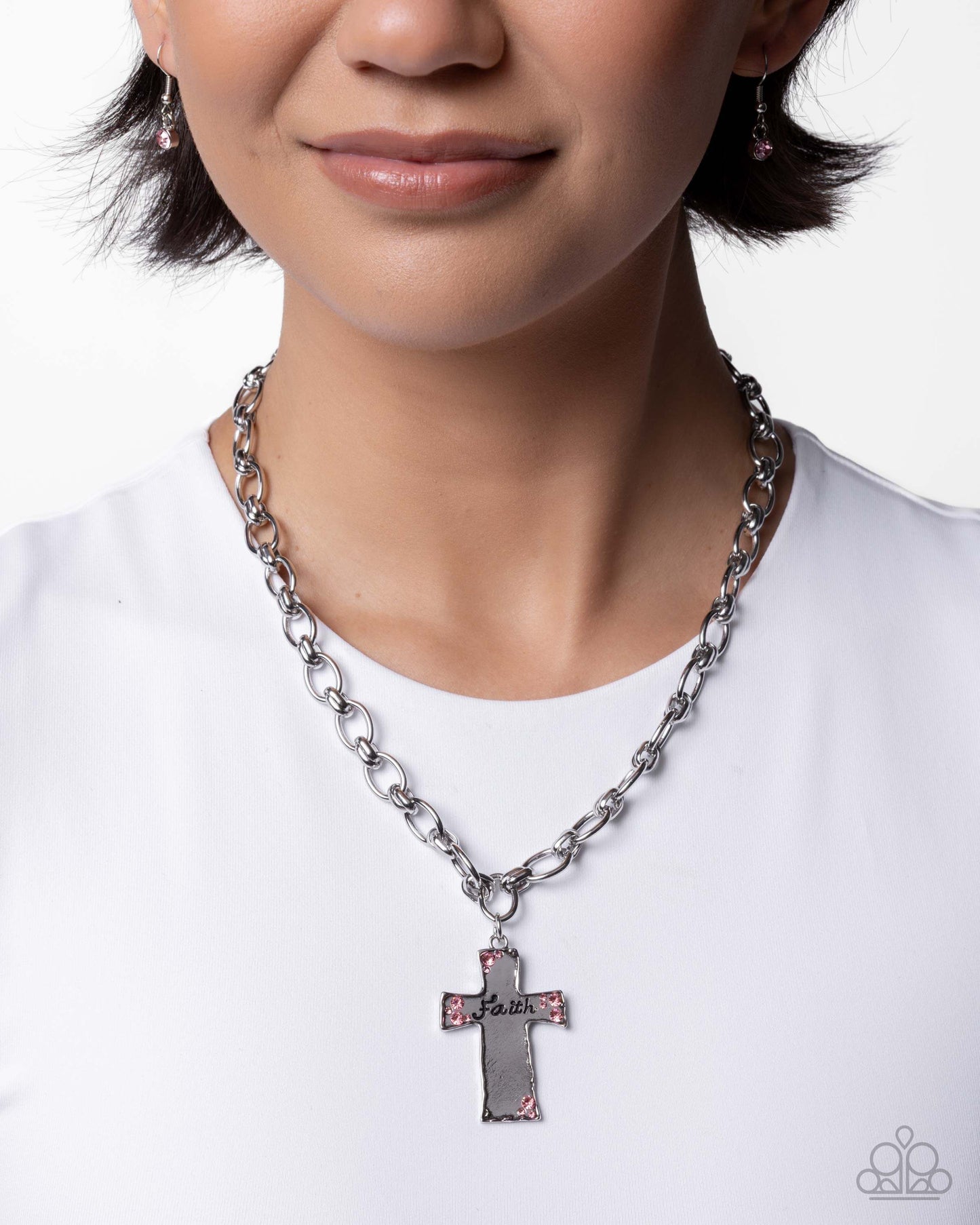 Faithful Flair - Pink Paparazzi Cross Necklace Accessories,Cross,Faith,Necklace,Pink,Short Necklace,Silver Accents