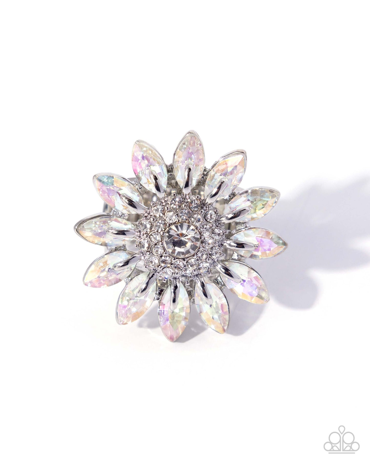 Dreamy Daisy - White Paparazzi Ring Accessories,Floral,Iridescence,New Arrival,Ring,Silver,White,White rhinestones