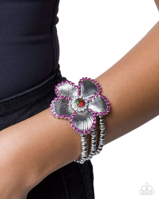 Blooming Bourrée - Pink Paparazzi Bracelet Accessories,Bracelet,Floral,New Arrival,Pink,Silver Accents,Stretchy