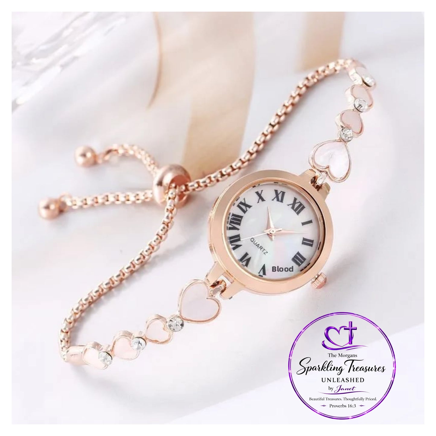 Timeless Hearts Adjustable Woman's Watch Bracelet Rose Gold