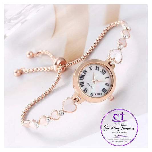 Timeless Hearts Adjustable Woman's Watch Bracelet Rose Gold