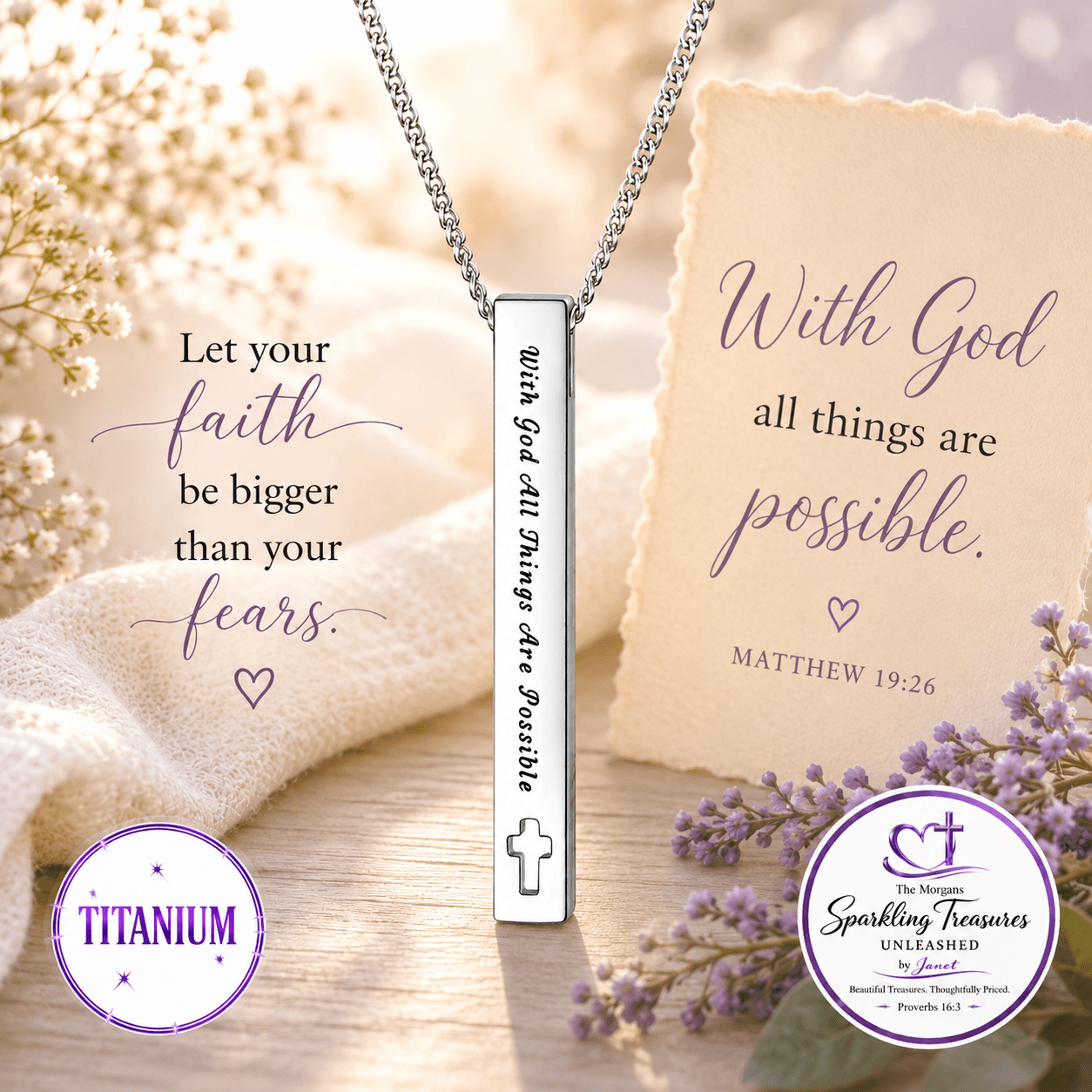Necklace with inspirational message card on a soft background