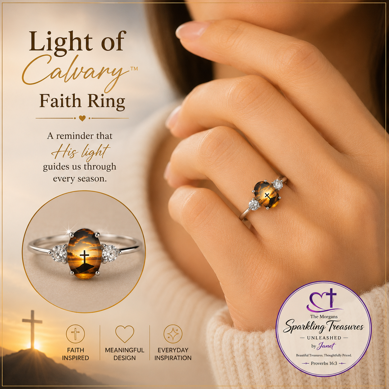 Faith inspired silver tone ring worn on hand, featuring amber-look center and cross motif, symbolizing meaningful faith.
