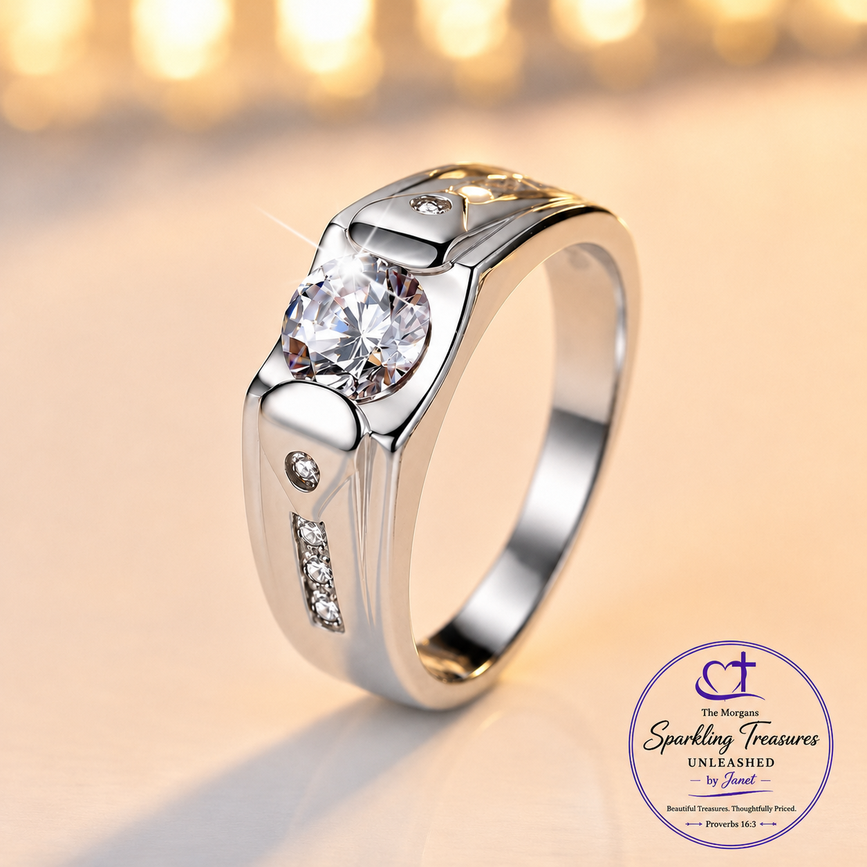 Silver ring with a diamond on a beige background, featuring the brand 'The Morgans'.