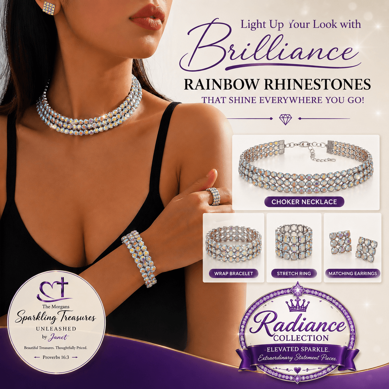 Radiant Layers™ rhinestone jewelry set displayed on model featuring choker, wrap bracelet, ring, and earrings.