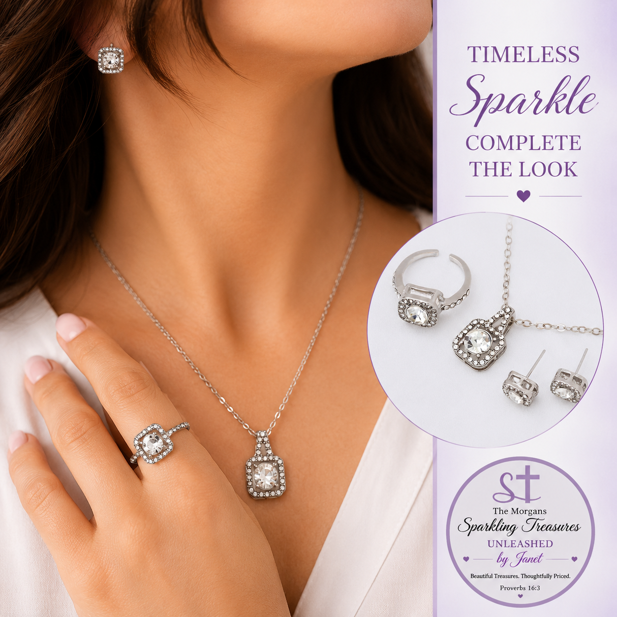 Jewelry set including necklace, ring, and earrings with a product packaging in the background.