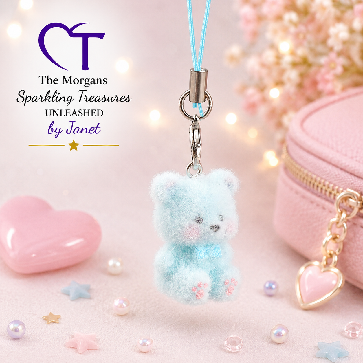 Pastel-colored fluffy bear charm with a pink heart keychain on a decorative background.