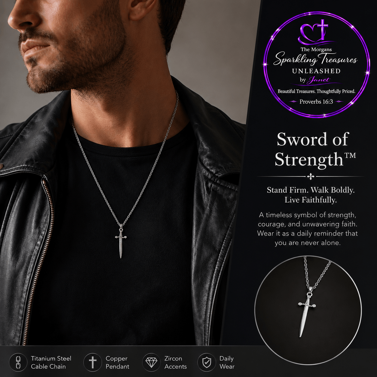 Sword of Strength™ Necklace Accessories,Men's Cross Necklace,Mens Accessories,Mens Jewelry,Necklace,Short Necklace,Sword,Titanium,UNLEASHED COLLECTION