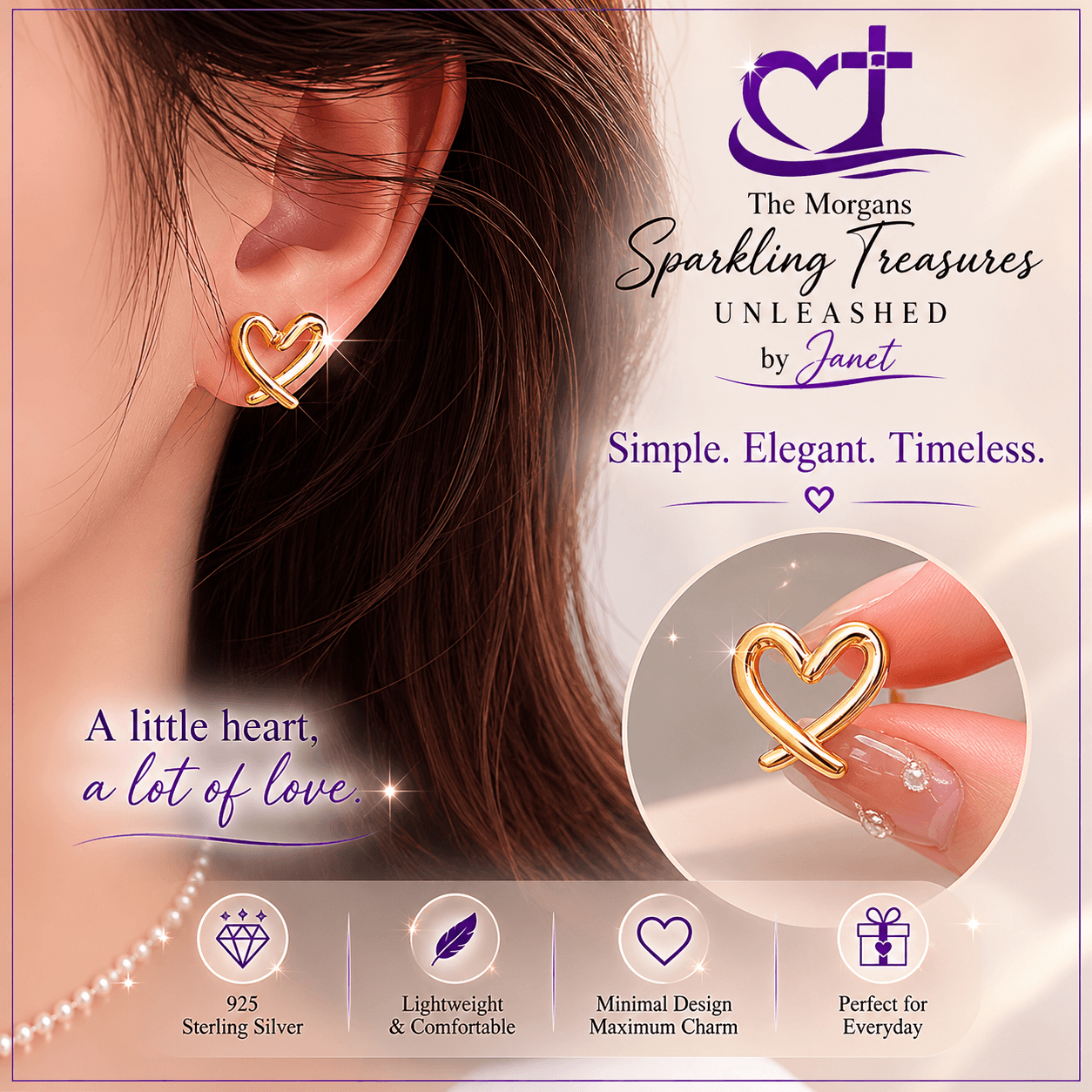 Heart-shaped earrings worn by a person with product details and branding text.