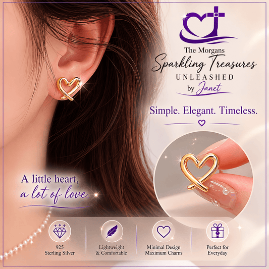 Heart-shaped earrings worn by a person with product details and branding text.