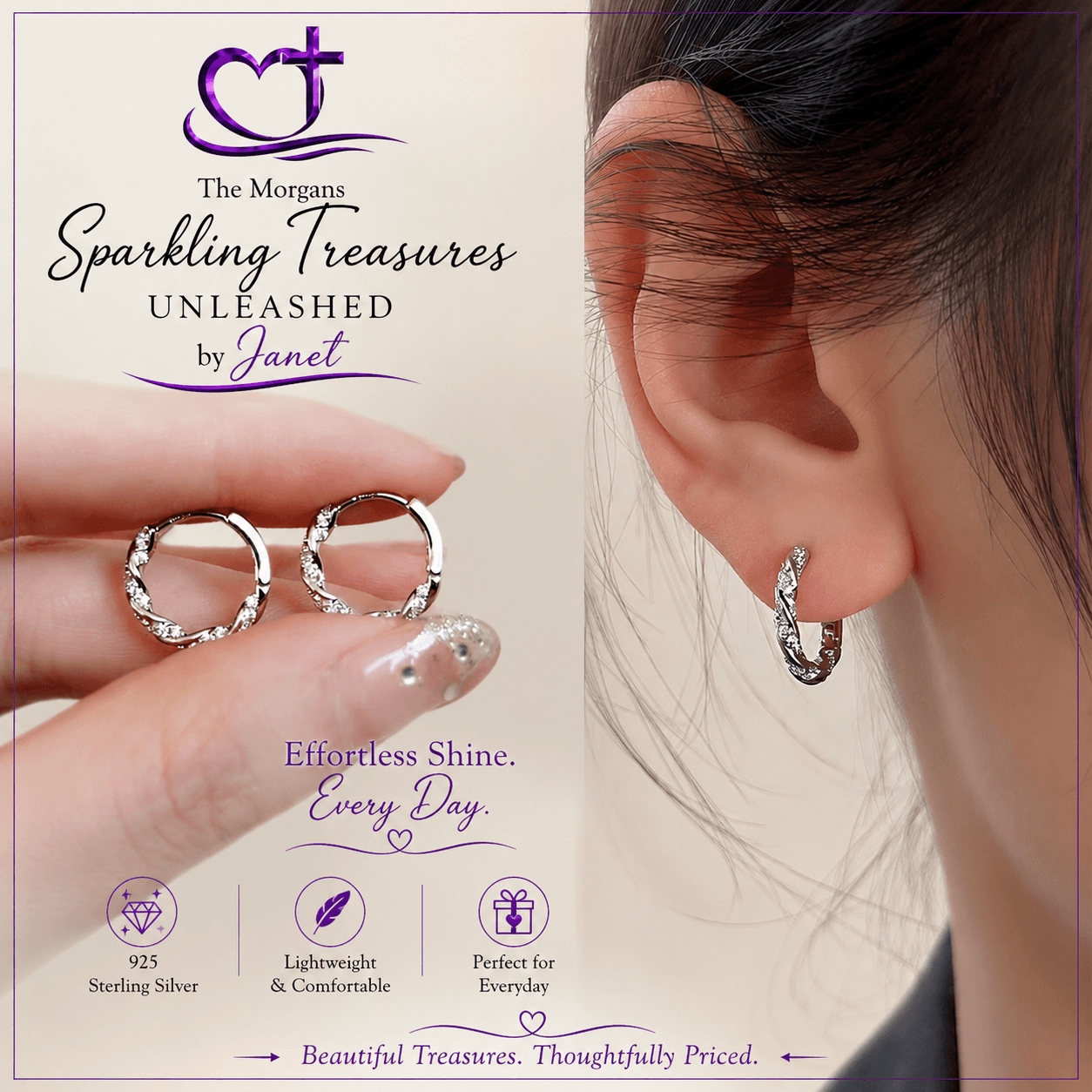 Silver hoop earrings being worn and held, with 'The Morgans Sparkling Treasures' branding.