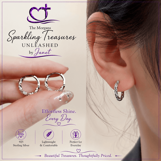 Silver hoop earrings being worn and held, with 'The Morgans Sparkling Treasures' branding.