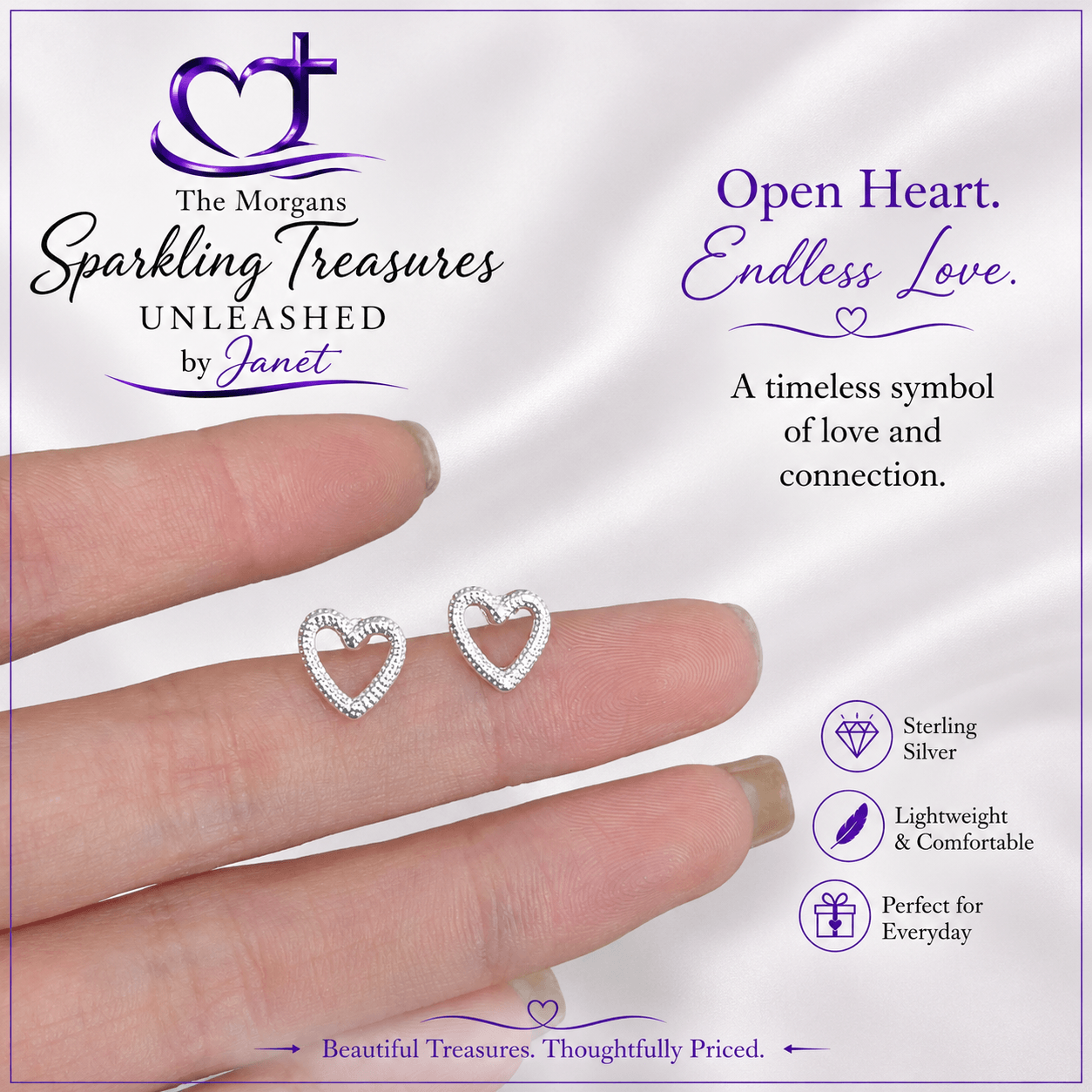 Heart-shaped earrings on a hand with 'The Morgans Sparkling Treasures' branding.