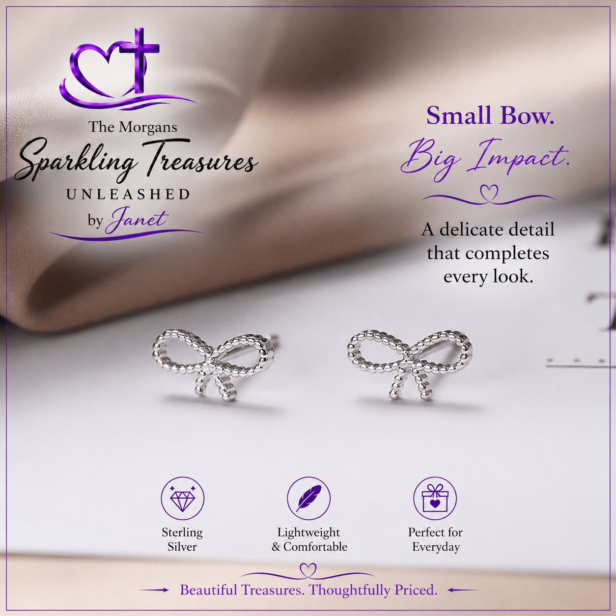 Silver bow earrings with promotional text and branding on a light background