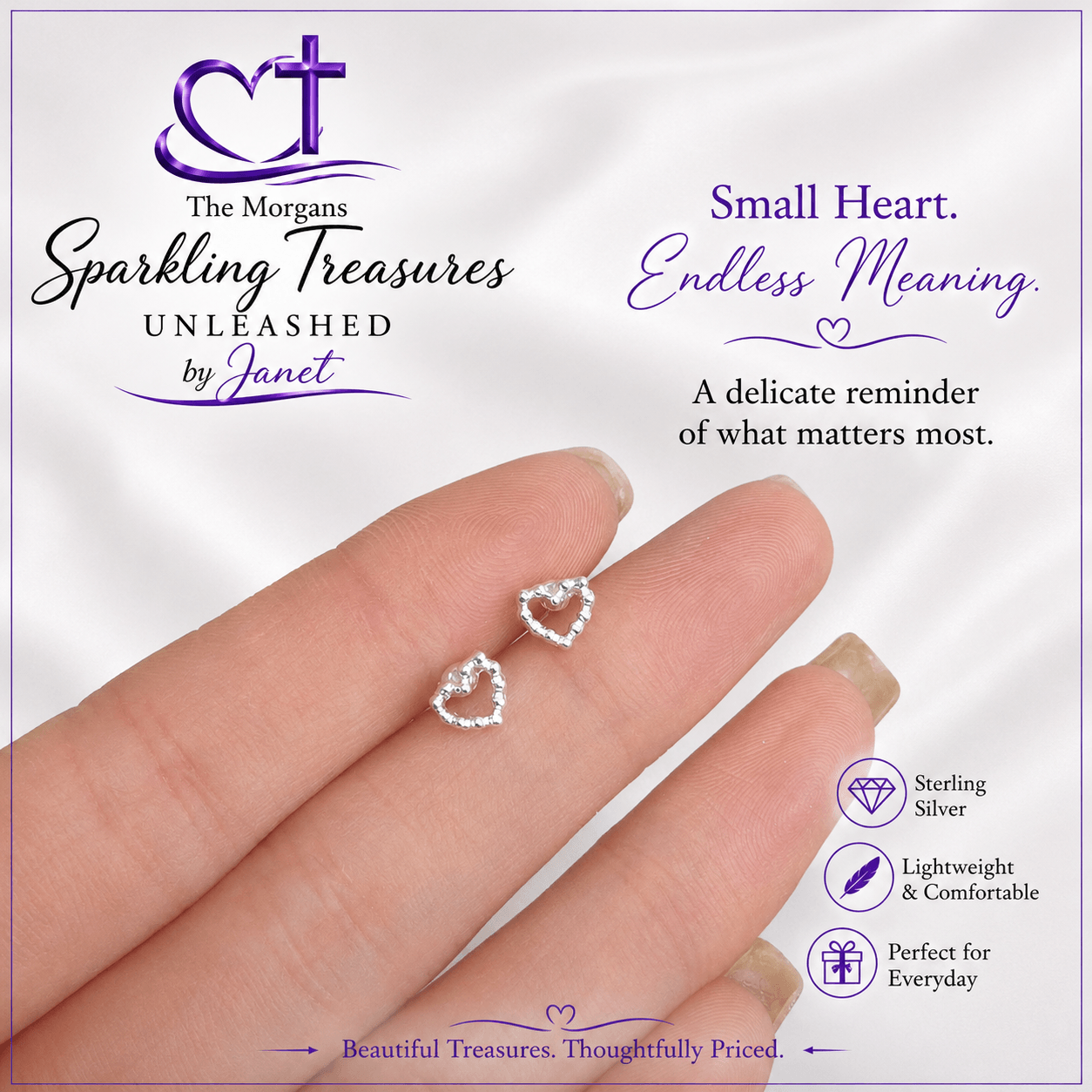 Heart-shaped earrings on a hand with promotional text and branding.