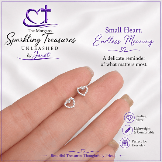 Heart-shaped earrings on a hand with promotional text and branding.