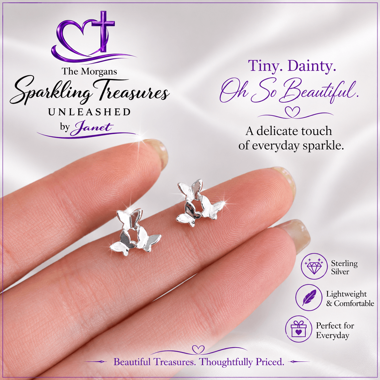 Silver butterfly earrings on a hand with promotional text about 'The Morgans Sparkling Treasures' brand.