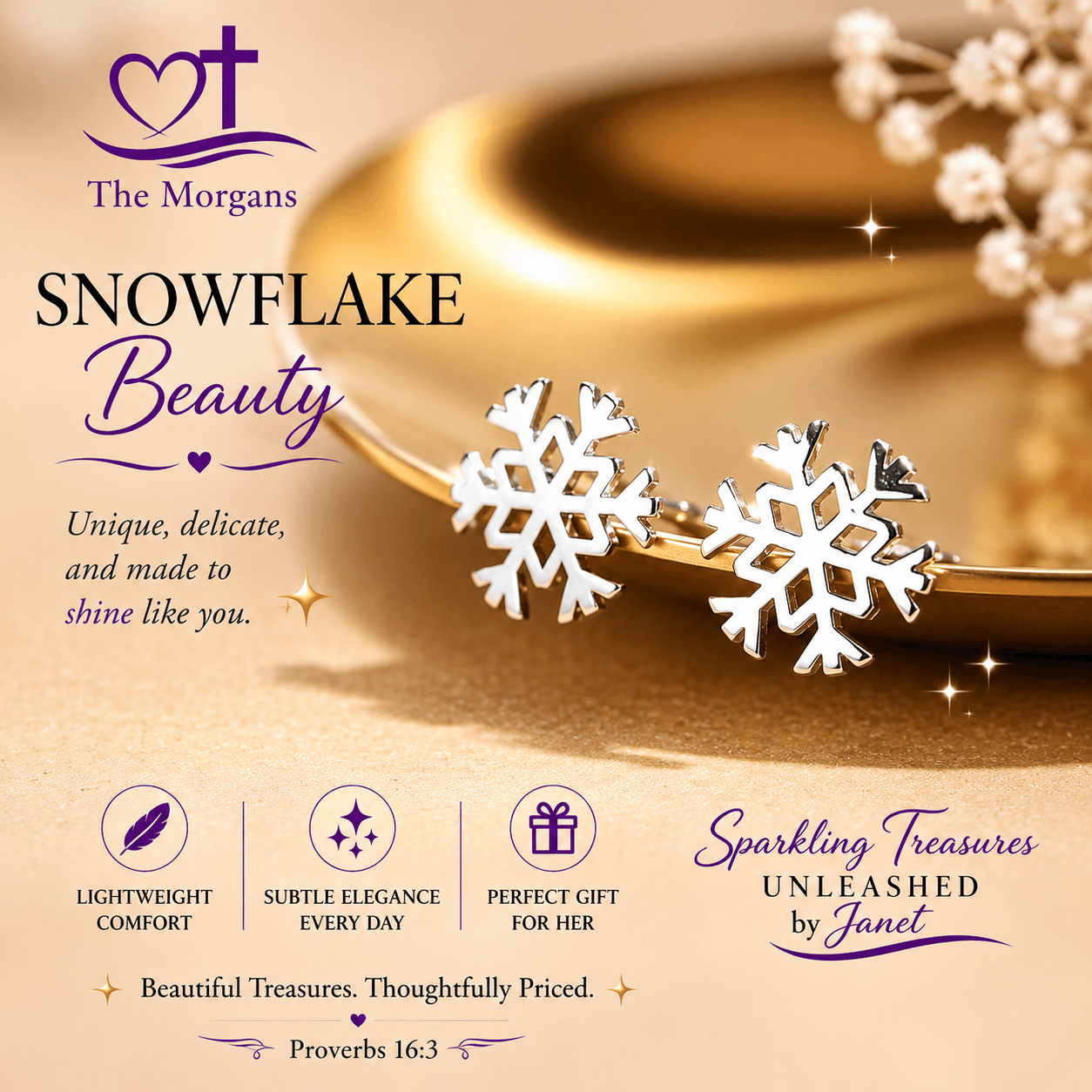 Snowflake earrings with a gold ring and decorative elements on a beige background, featuring branding and product details.