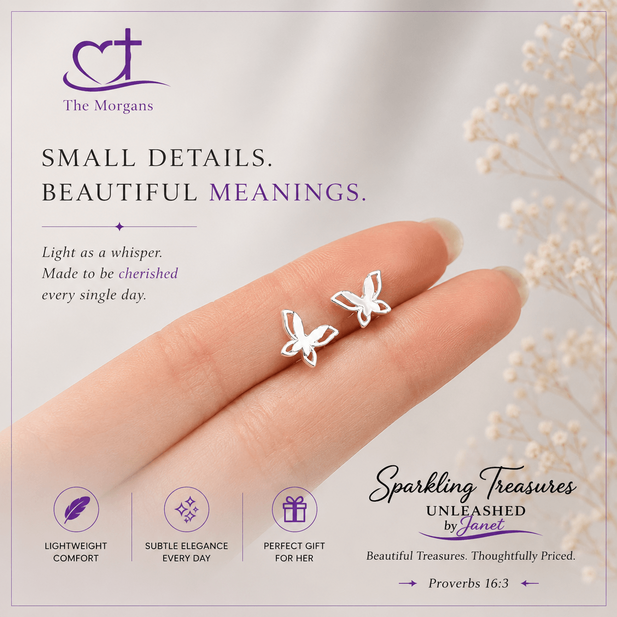 Butterfly earrings on a finger with 'The Morgans' branding and product features.