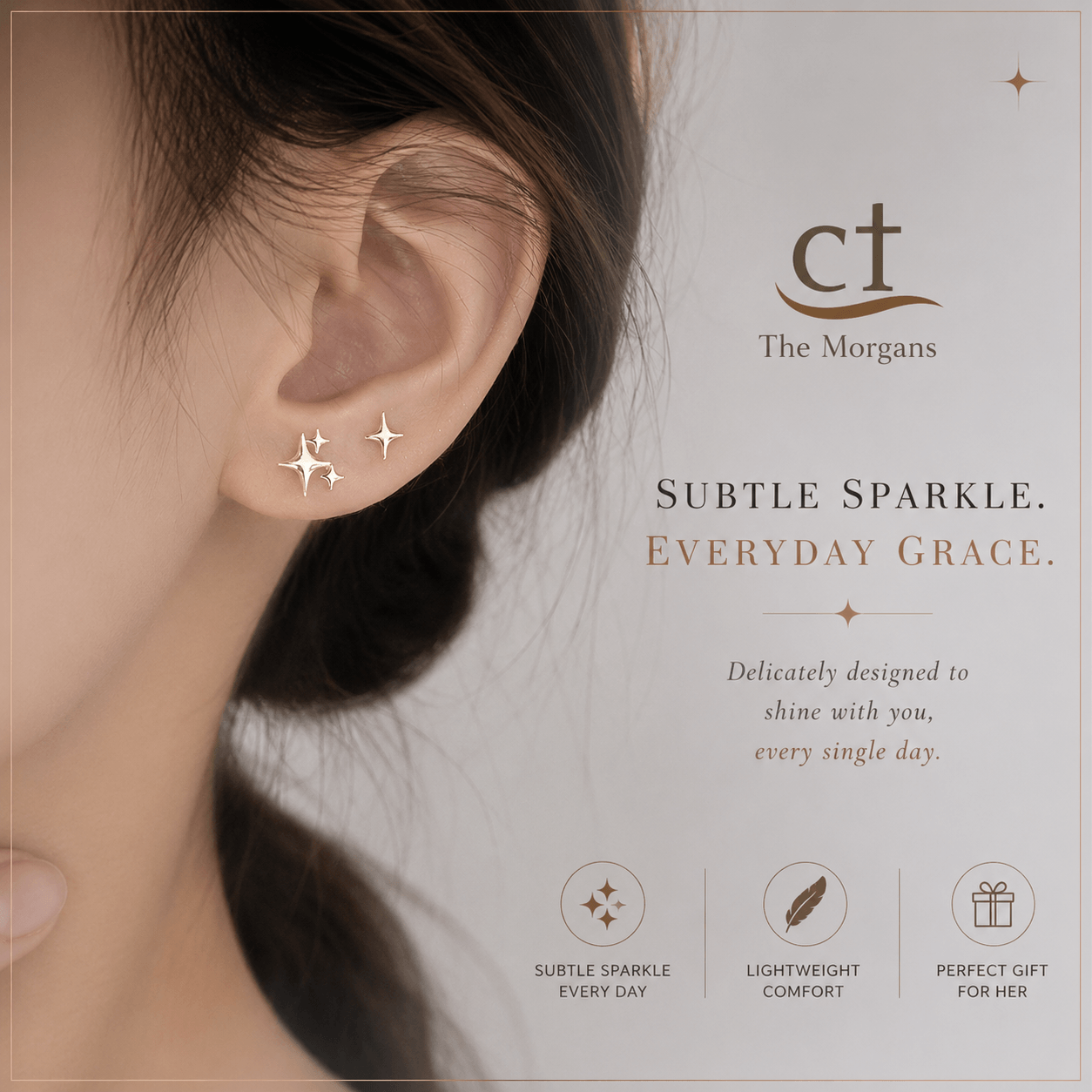 Earring worn by a person with 'The Morgans' branding and product description text.