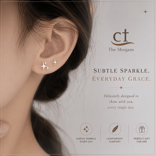 Earring worn by a person with 'The Morgans' branding and product description text.