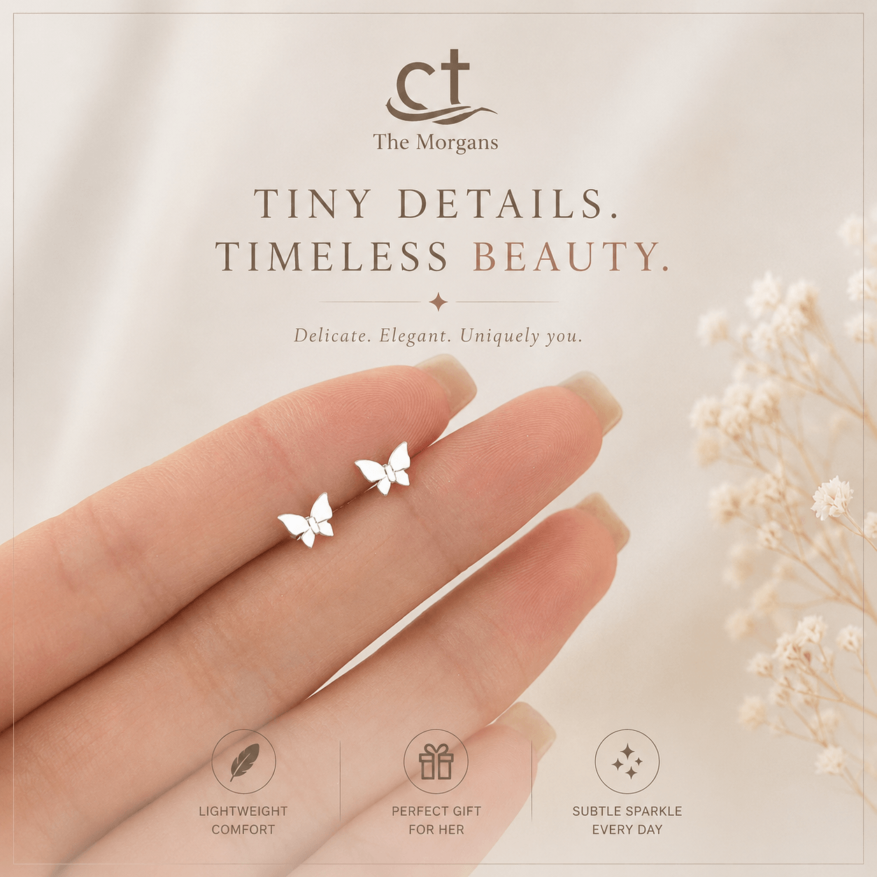Butterfly earrings on a hand with 'The Morgans' branding and product features.
