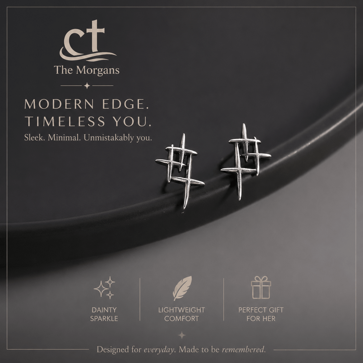 Silver earrings on a dark background with 'The Morgans' branding and product features.