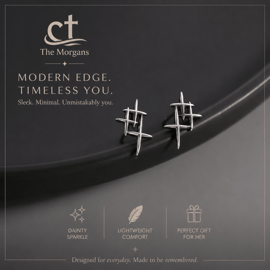 Silver earrings on a dark background with 'The Morgans' branding and product features.
