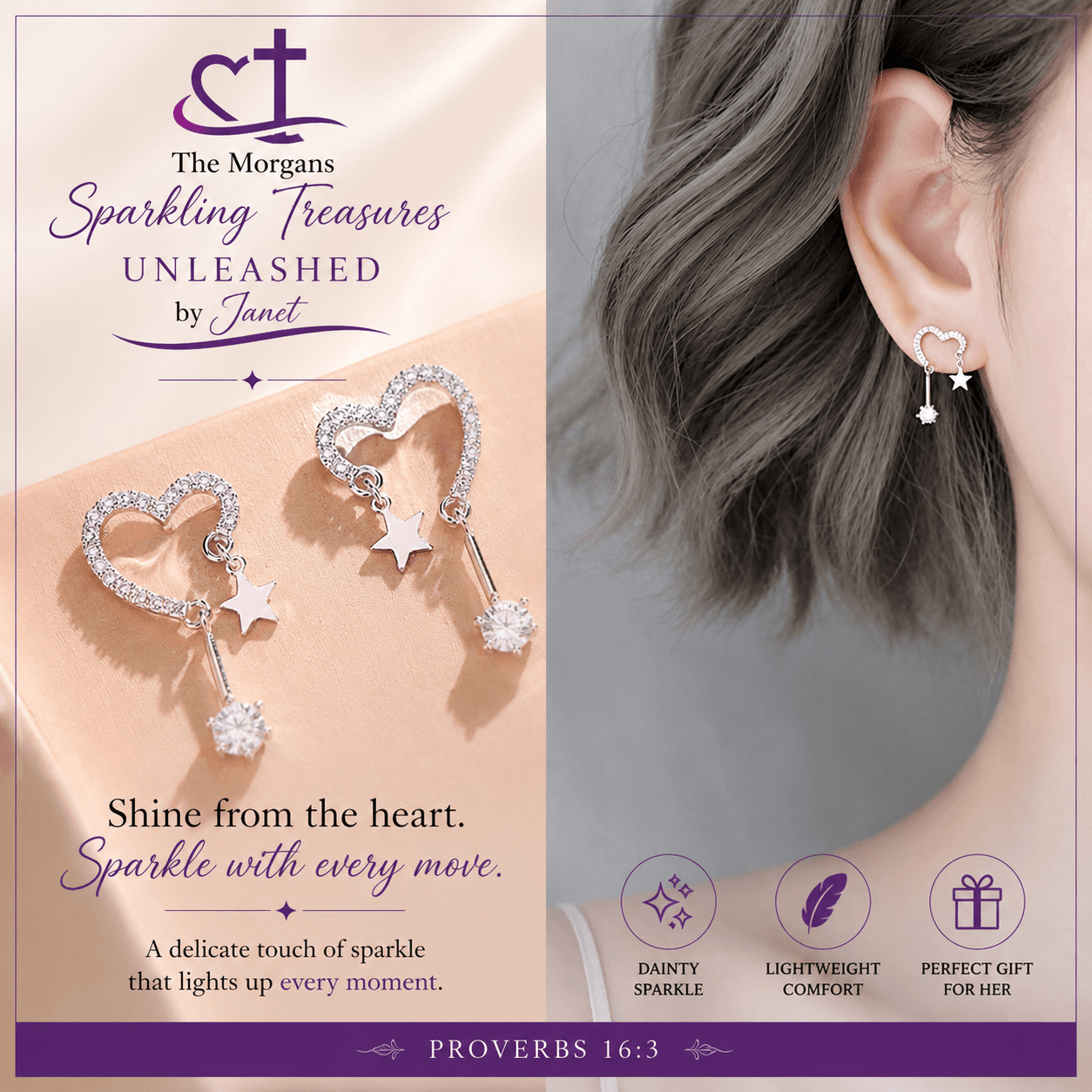 Heart-shaped earrings with stars worn by a person, branded 'The Morgans Sparkling Treasures UNLEASHED by Janet'.