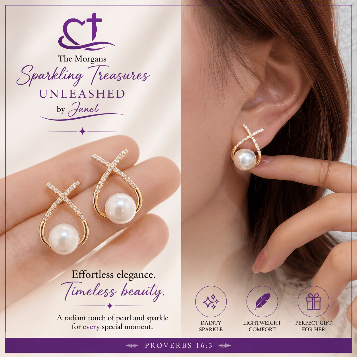 Gold earrings with pearls on a hand and worn by a person, branded 'The Morgans Sparkling Treasures Unleashed by Janet'.
