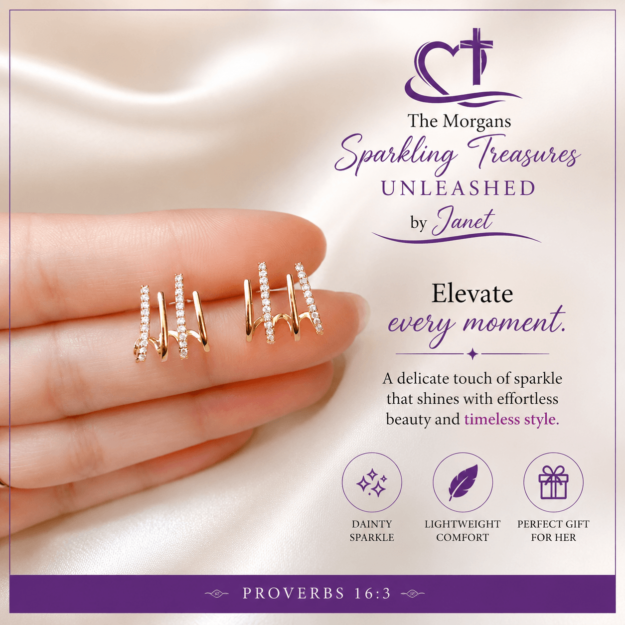 Gold earrings on a hand with 'The Morgans Sparkling Treasures' branding and product features.