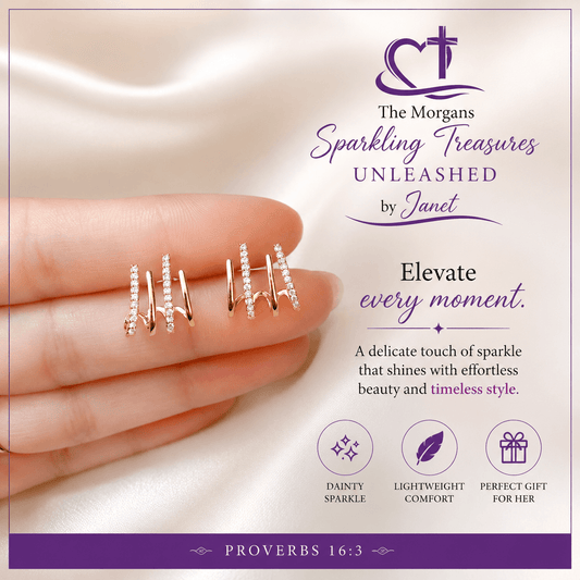 Gold earrings on a hand with 'The Morgans Sparkling Treasures' branding and product features.