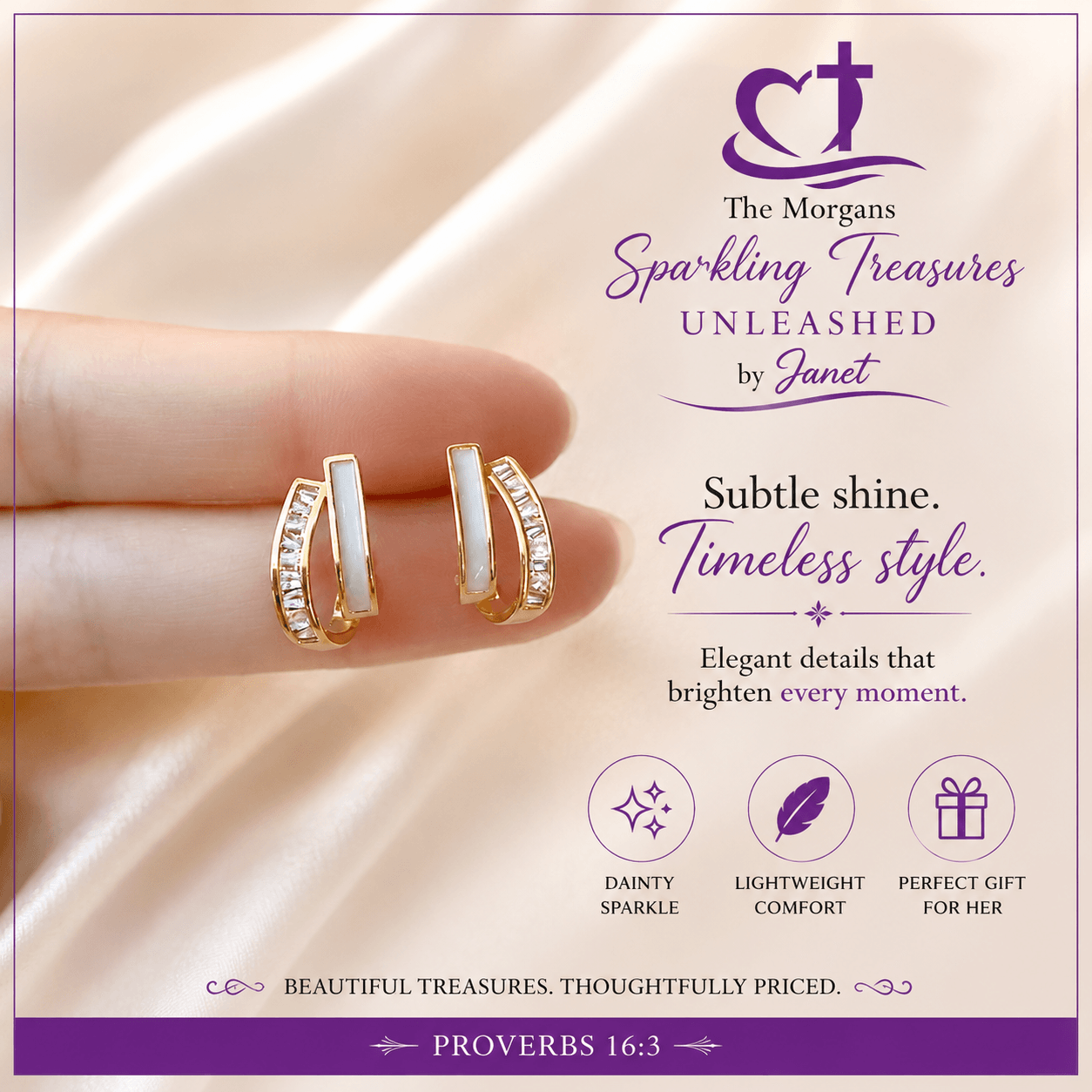 Gold hoop earrings on a hand with 'The Morgans' branding and product description.