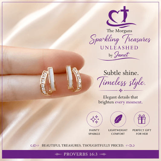 Gold hoop earrings on a hand with 'The Morgans' branding and product description.